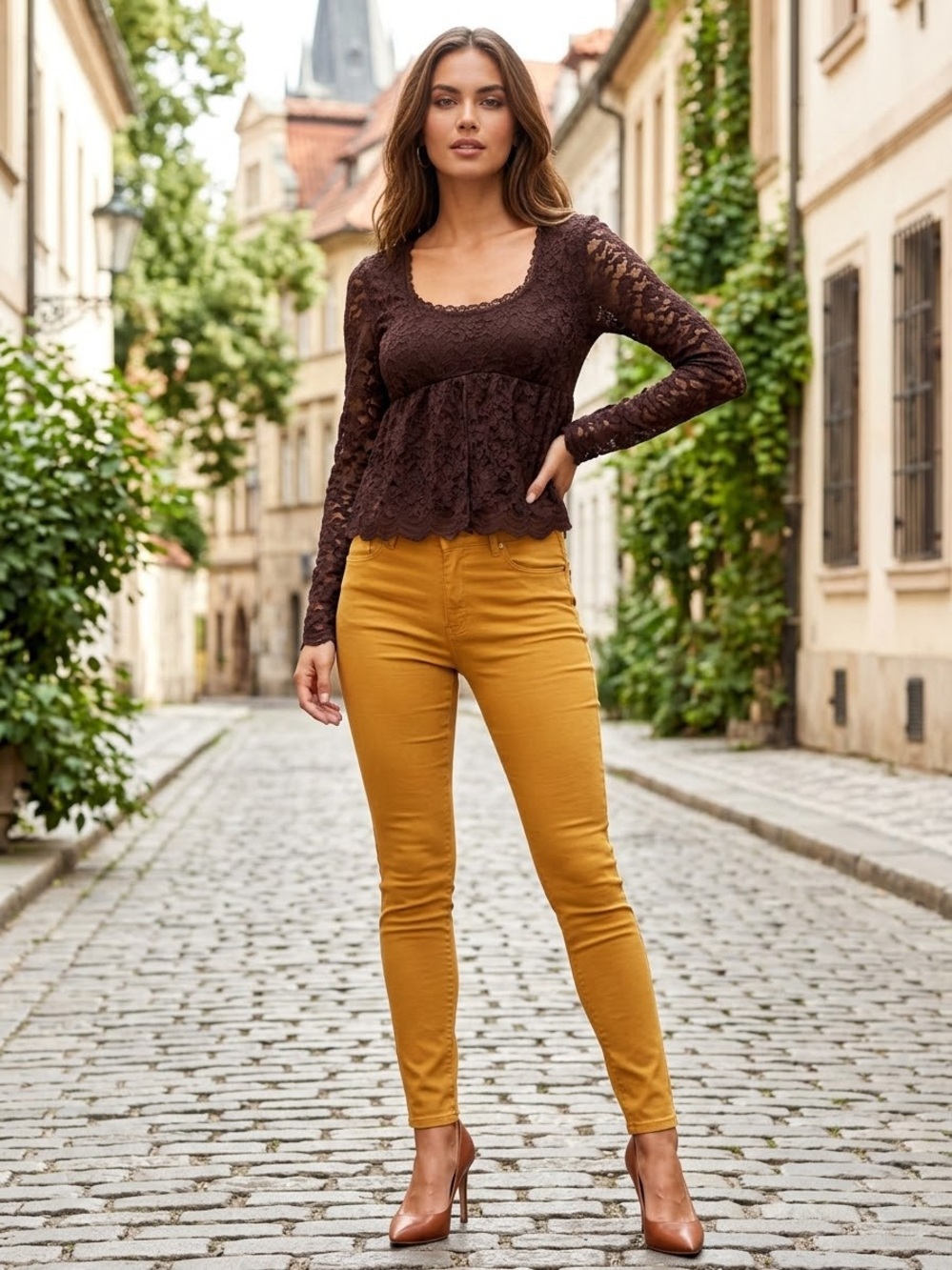 LA PECHE Dark Plum Lace Peplum Long Sleeve Tee. Size L
